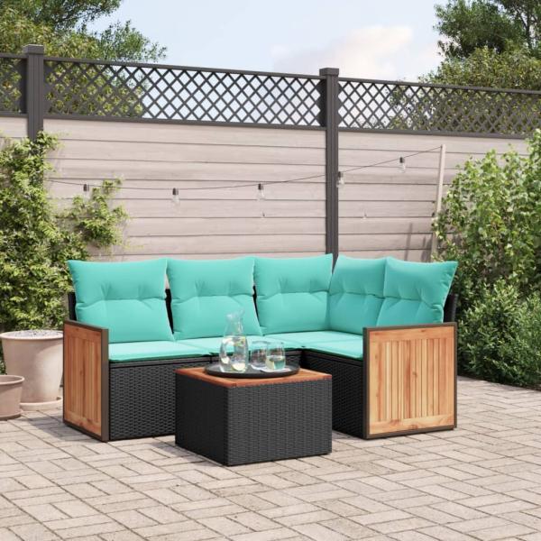 ARDEBO.de - 5-teiliges Gartensofa-Set mit Kissen, schwarzes Polyrattan