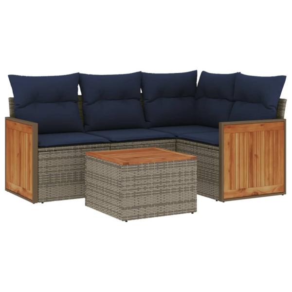 5-teiliges Gartensofa-Set mit Kissen, grau, Polyrattan