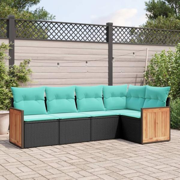 ARDEBO.de - 5-teiliges Gartensofa-Set mit Kissen, schwarzes Polyrattan