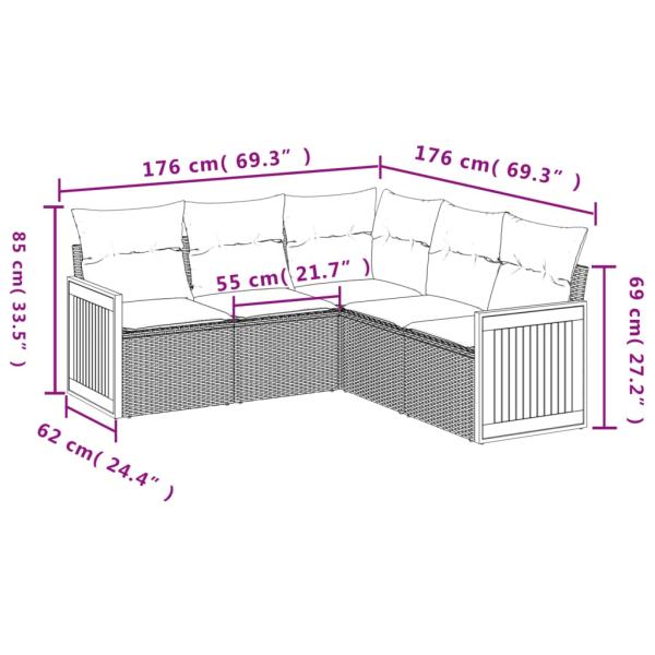 5-teiliges Gartensofa-Set mit Kissen, grau, Polyrattan