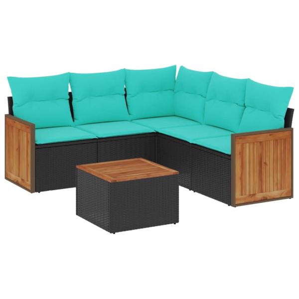 6-teiliges Gartensofa-Set mit Kissen, schwarzes Polyrattan