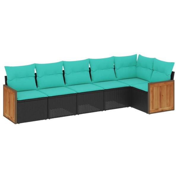 6-teiliges Gartensofa-Set mit Kissen, schwarzes Polyrattan