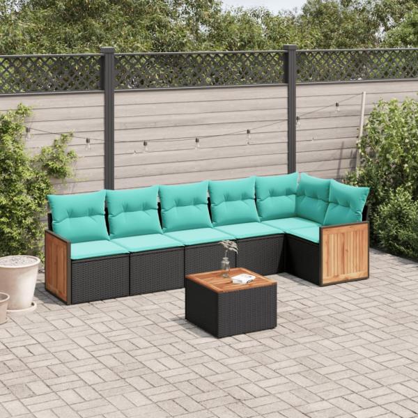 ARDEBO.de - 7-teiliges Gartensofa-Set mit Kissen, schwarzes Polyrattan