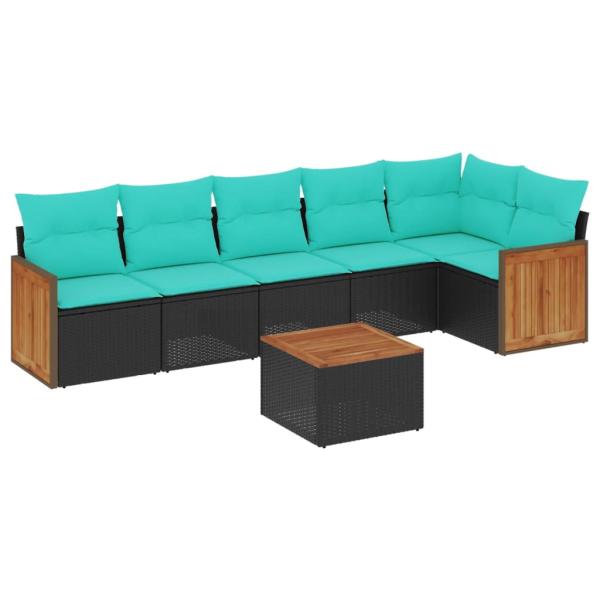 7-teiliges Gartensofa-Set mit Kissen, schwarzes Polyrattan