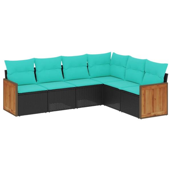 6-teiliges Gartensofa-Set mit Kissen, schwarzes Polyrattan
