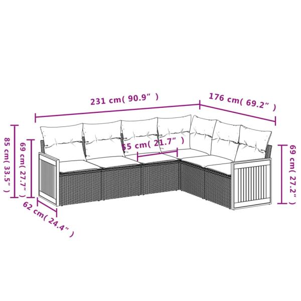 6-teiliges Gartensofa-Set mit Kissen, grau, Polyrattan