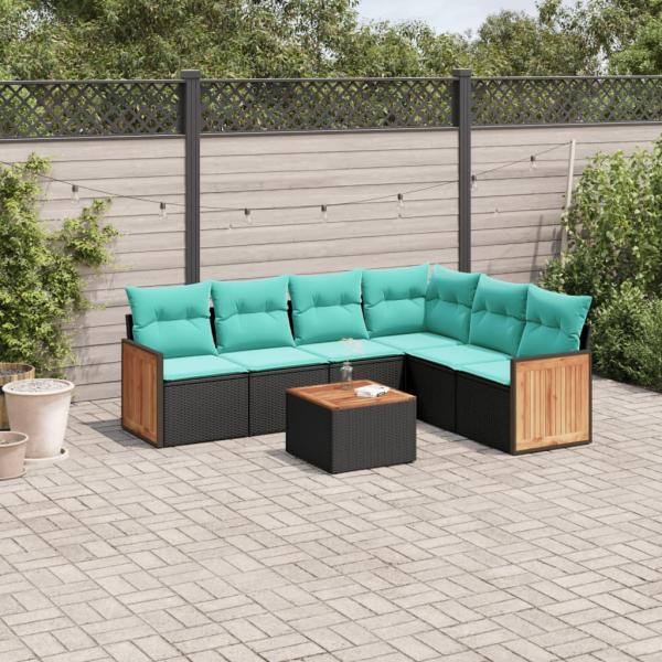 ARDEBO.de - 7-teiliges Gartensofa-Set mit Kissen, schwarzes Polyrattan