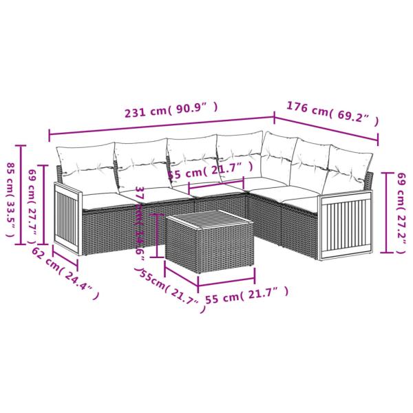 7-teiliges Gartensofa-Set mit Kissen, schwarzes Polyrattan