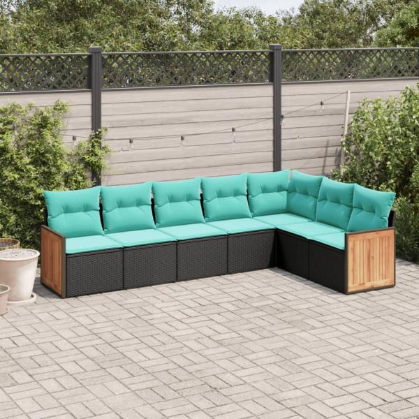 ARDEBO.de - 7-teiliges Gartensofa-Set mit Kissen, schwarzes Polyrattan