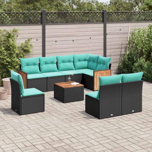 ARDEBO.de - 9-teiliges Gartensofa-Set mit Kissen, schwarzes Polyrattan