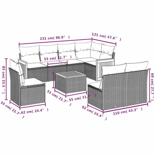 9-teiliges Gartensofa-Set mit Kissen, schwarzes Polyrattan