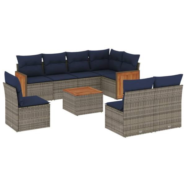 9-teiliges Gartensofa-Set mit Kissen, grau, Polyrattan