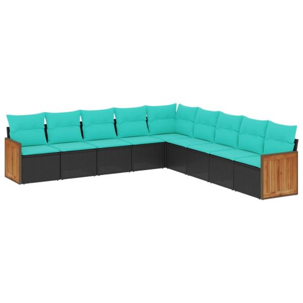 9-teiliges Gartensofa-Set mit Kissen, schwarzes Polyrattan