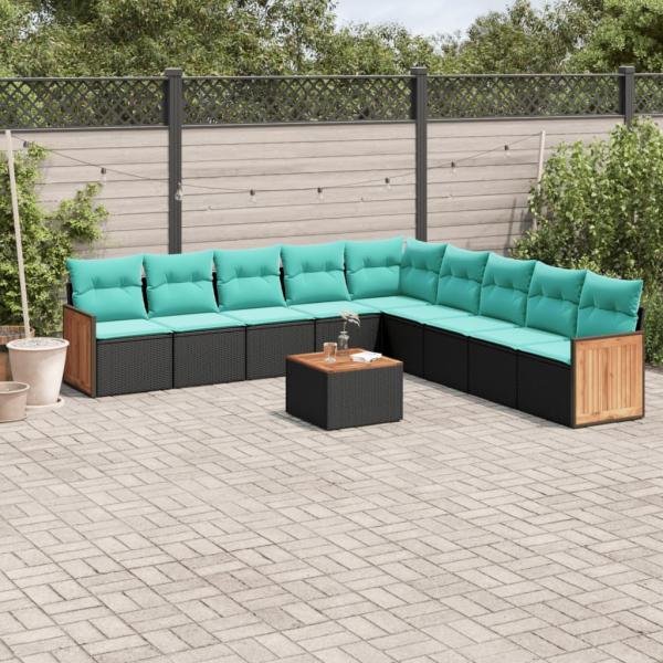 ARDEBO.de - 10-teiliges Gartensofa-Set mit Kissen, schwarzes Polyrattan