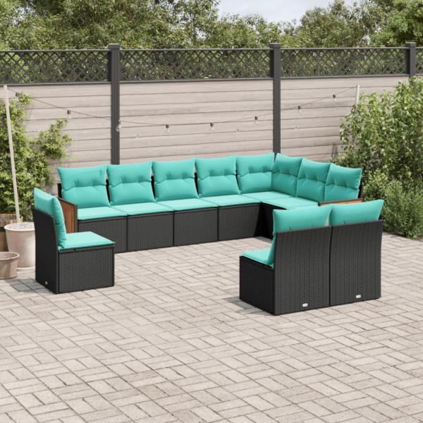 ARDEBO.de - 10-teiliges Gartensofa-Set mit Kissen, schwarzes Polyrattan