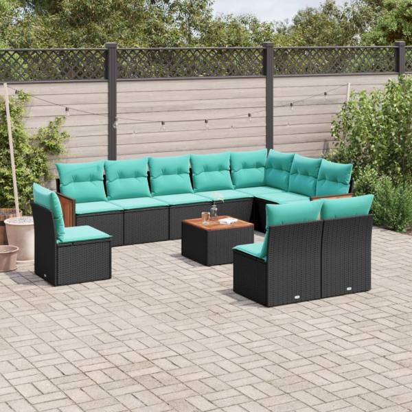 ARDEBO.de - 11-teiliges Gartensofa-Set mit Kissen, schwarzes Polyrattan
