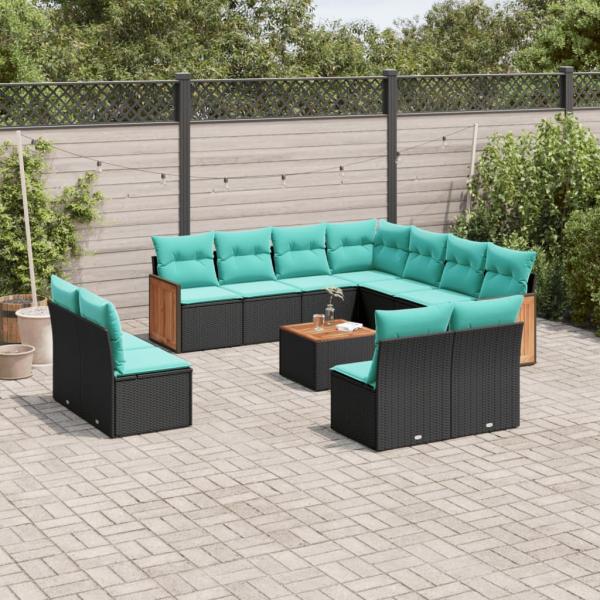 ARDEBO.de - 12-teiliges Gartensofa-Set mit Kissen, schwarzes Polyrattan