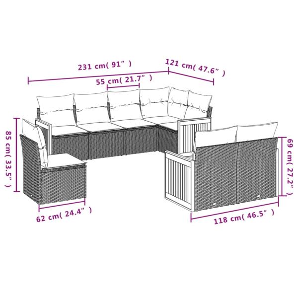 8-teiliges Gartensofa-Set mit Kissen, grau, Polyrattan