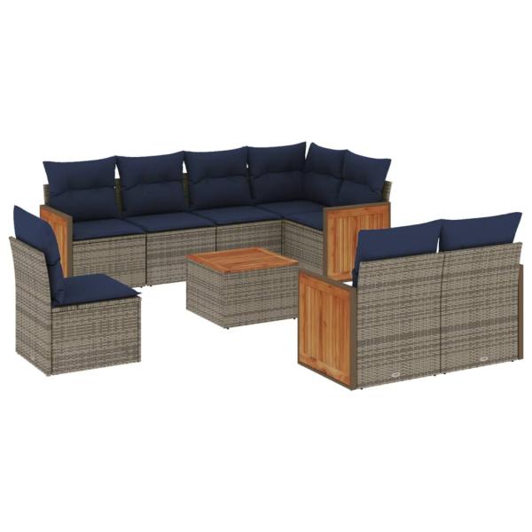 9-teiliges Gartensofa-Set mit Kissen, grau, Polyrattan