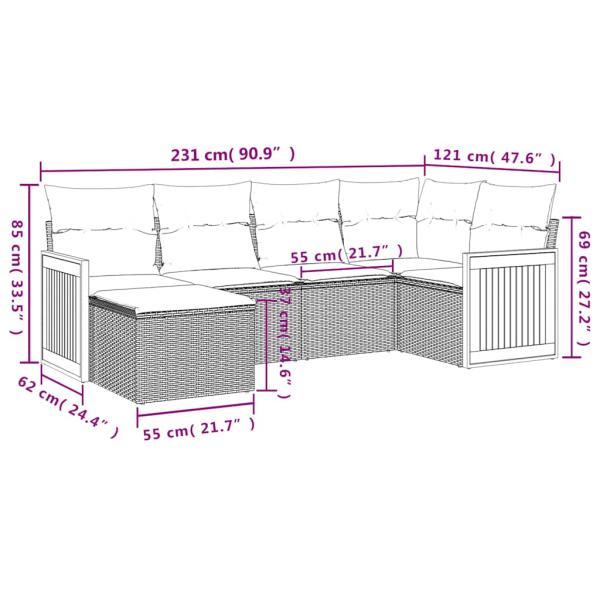 6-teiliges Gartensofa-Set mit Kissen, grau, Polyrattan