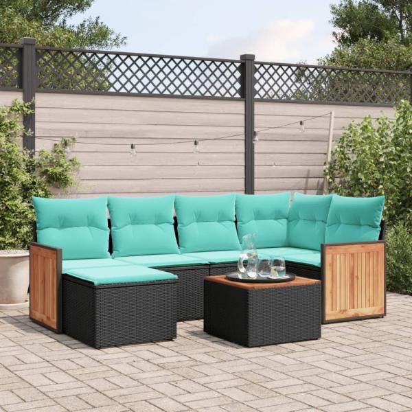 ARDEBO.de - 7-teiliges Gartensofa-Set mit Kissen, schwarzes Polyrattan