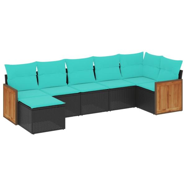 7-teiliges Gartensofa-Set mit Kissen, schwarzes Polyrattan