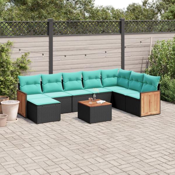 ARDEBO.de - 9-teiliges Gartensofa-Set mit Kissen, schwarzes Polyrattan