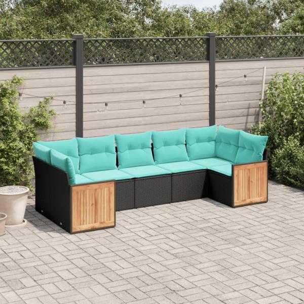 ARDEBO.de - 7-teiliges Gartensofa-Set mit Kissen, schwarzes Polyrattan