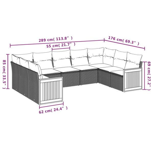 9-teiliges Gartensofa-Set mit Kissen, grau, Polyrattan