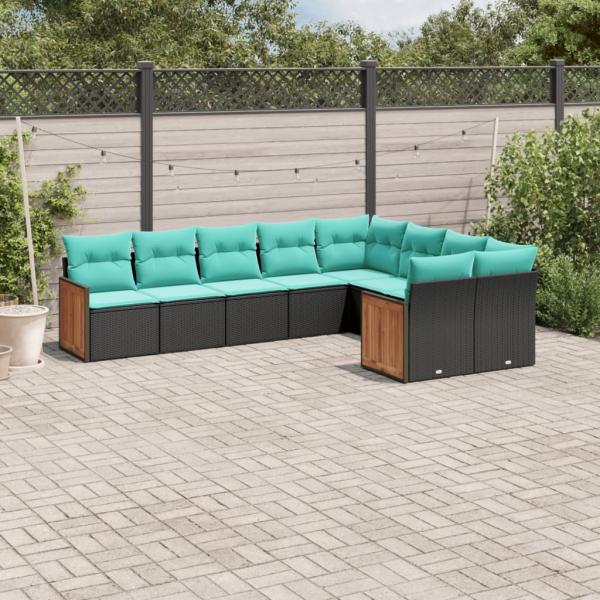 ARDEBO.de - 9-teiliges Gartensofa-Set mit Kissen, schwarzes Polyrattan