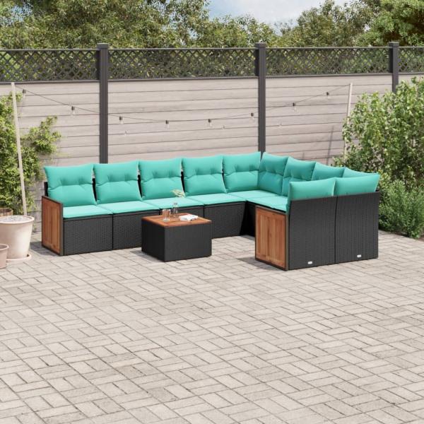 ARDEBO.de - 10-teiliges Gartensofa-Set mit Kissen, schwarzes Polyrattan