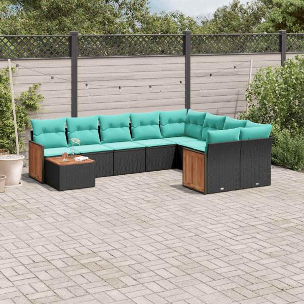 ARDEBO.de - 10-teiliges Gartensofa-Set mit Kissen, schwarzes Polyrattan