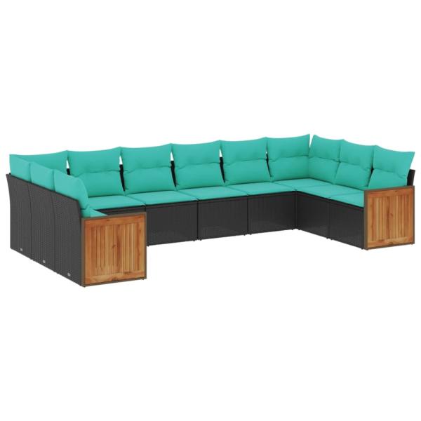 10-teiliges Gartensofa-Set mit Kissen, schwarzes Polyrattan