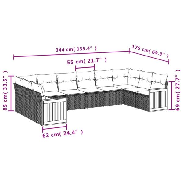 10-teiliges Gartensofa-Set mit Kissen, grau, Polyrattan