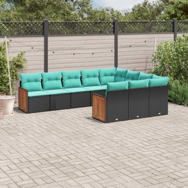 ARDEBO.de - 10-teiliges Gartensofa-Set mit Kissen, schwarzes Polyrattan