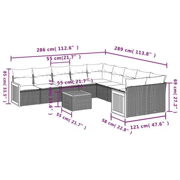 11-teiliges Gartensofa-Set mit Kissen, grau, Polyrattan