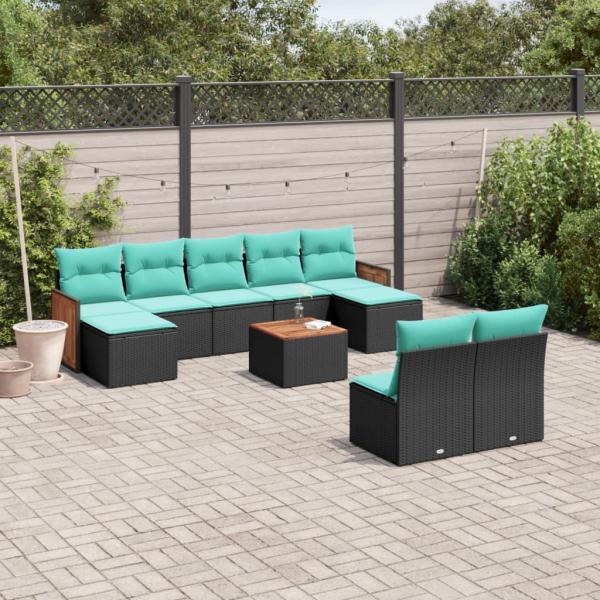 ARDEBO.de - 10-teiliges Gartensofa-Set mit Kissen, schwarzes Polyrattan