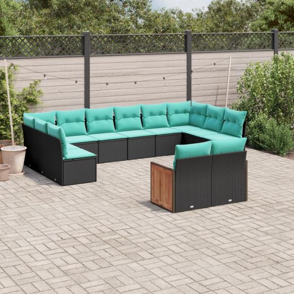 ARDEBO.de - 12-teiliges Gartensofa-Set mit Kissen, schwarzes Polyrattan