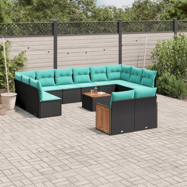ARDEBO.de - 13-teiliges Gartensofa-Set mit Kissen, schwarzes Polyrattan