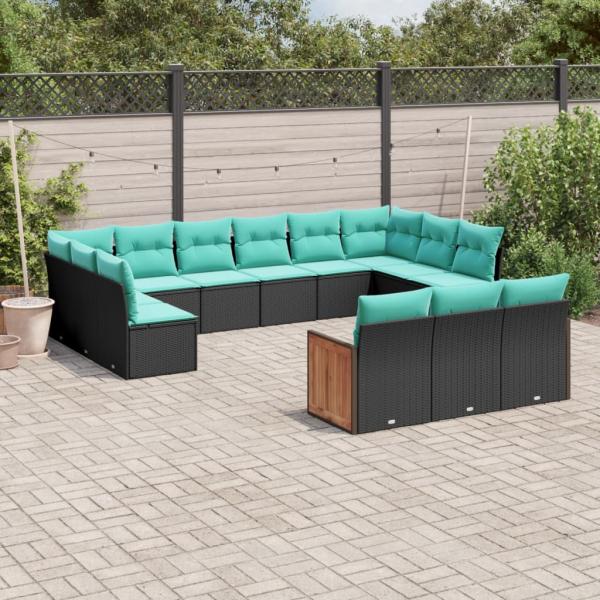 ARDEBO.de - 13-teiliges Gartensofa-Set mit Kissen, schwarzes Polyrattan