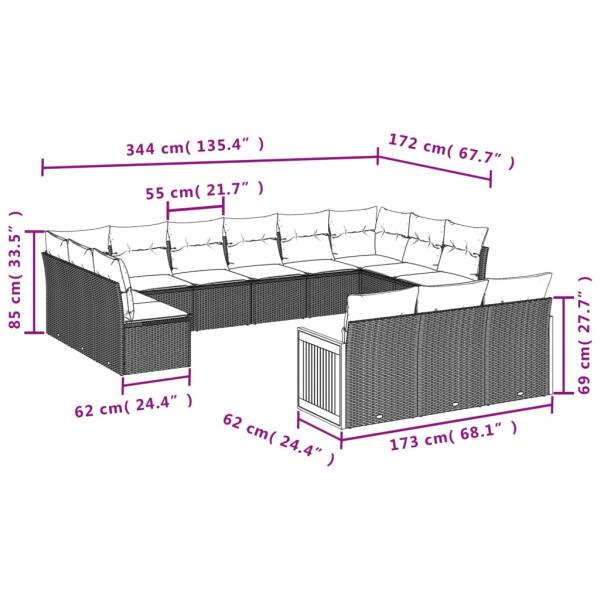 13-teiliges Gartensofa-Set mit Kissen, schwarzes Polyrattan