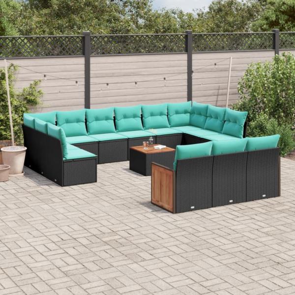 ARDEBO.de - 14-teiliges Gartensofa-Set mit Kissen, schwarzes Polyrattan