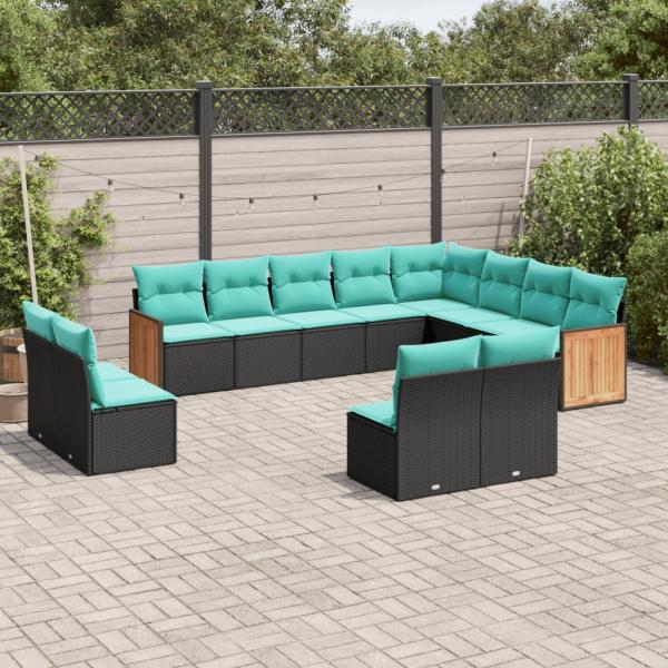 ARDEBO.de - 12-teiliges Gartensofa-Set mit Kissen, schwarzes Polyrattan