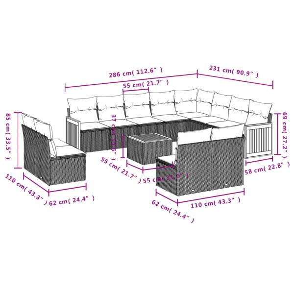 13-teiliges Gartensofa-Set mit Kissen, schwarzes Polyrattan