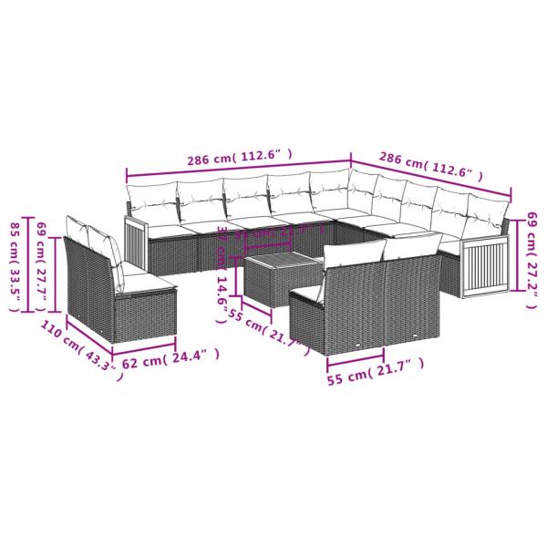 14-teiliges Gartensofa-Set mit Kissen, grau, Polyrattan