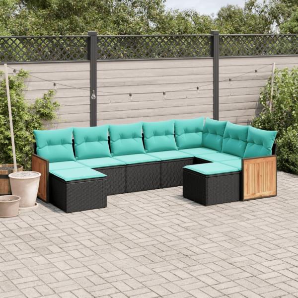 ARDEBO.de - 9-teiliges Gartensofa-Set mit Kissen, schwarzes Polyrattan