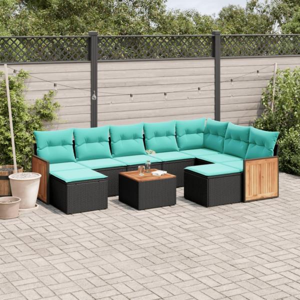 ARDEBO.de - 10-teiliges Gartensofa-Set mit Kissen, schwarzes Polyrattan