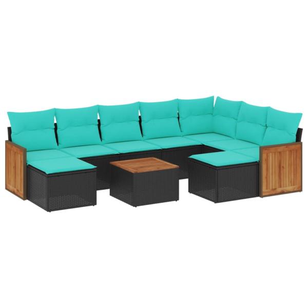 10-teiliges Gartensofa-Set mit Kissen, schwarzes Polyrattan