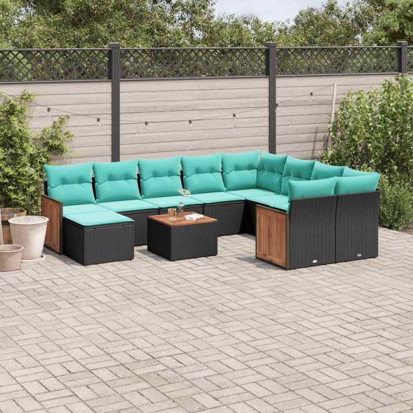 ARDEBO.de - 11-teiliges Gartensofa-Set mit Kissen, schwarzes Polyrattan