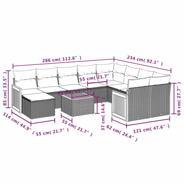 11-teiliges Gartensofa-Set mit Kissen, schwarzes Polyrattan